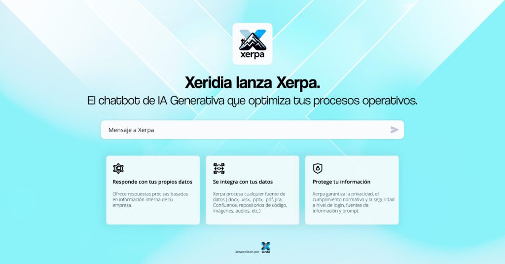 Características de Xerpa: chatbot de inteligencia artificial generativa para empresas. Responde con datos internos, se integra con cualquier herramienta y protege la información.