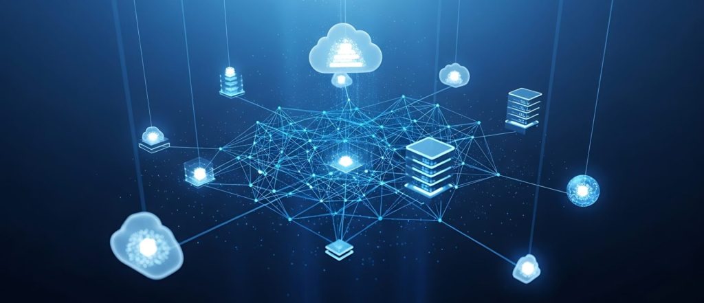 Ilustración 3D de una arquitectura cloud nativa con nubes, servidores y nodos interconectados mediante una red de datos sobre fondo azul oscuro.