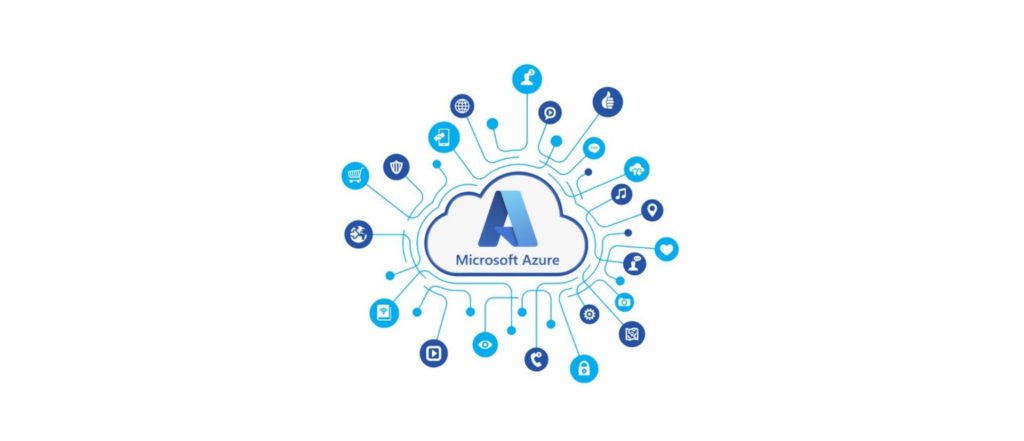 Diagrama con el logotipo de Microsoft Azure en una nube central, rodeada de iconos que representan los distintos servicios y capacidades de la plataforma cloud.