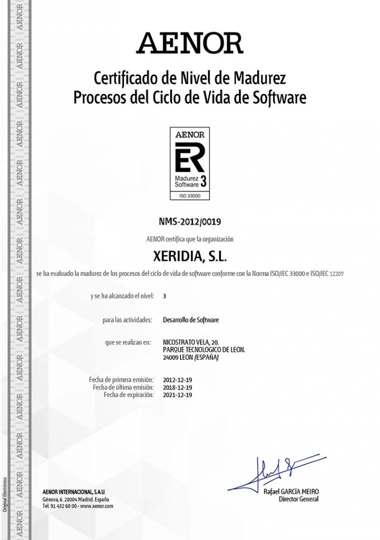 Xeridia certificada en ISO/IEC 33000 L3